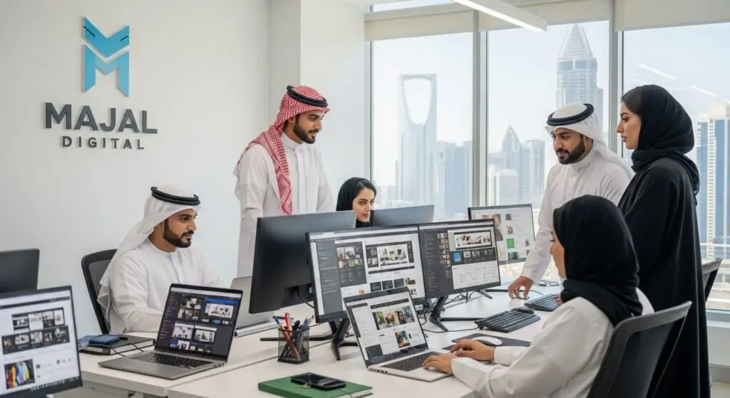 خدمات Majal Digital للشركات في السعودية – يظهر فريق عمل سعودي داخل مكتب الشركة بالرياض يعمل على تصميم مواقع للشركات، التسويق الرقمي، وإدارة تحسين محركات البحث SEO مع إطلالة على برج المملكة، بما يعكس بيئة عمل احترافية تناسب السوق السعودي والخليجي.
